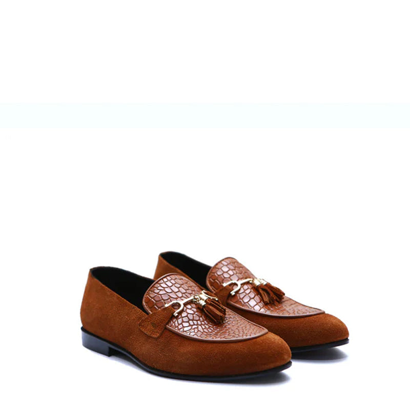 Pure Suede Leather Tassel Black Loafer With Gold Buckle
