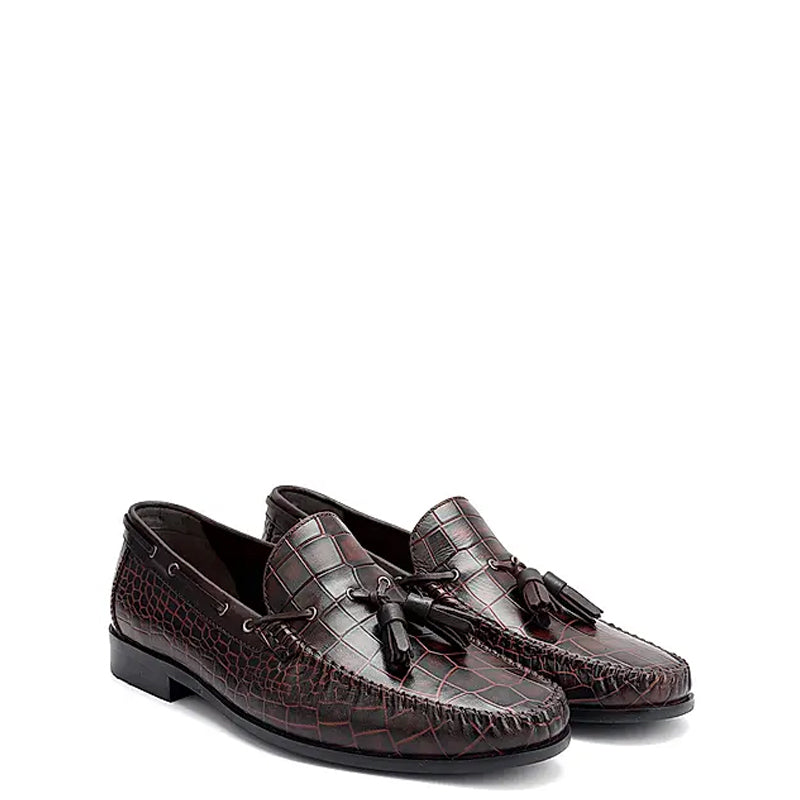 Crocodile Pattern Side Lacing Leather Tassel Loafer Burgundy