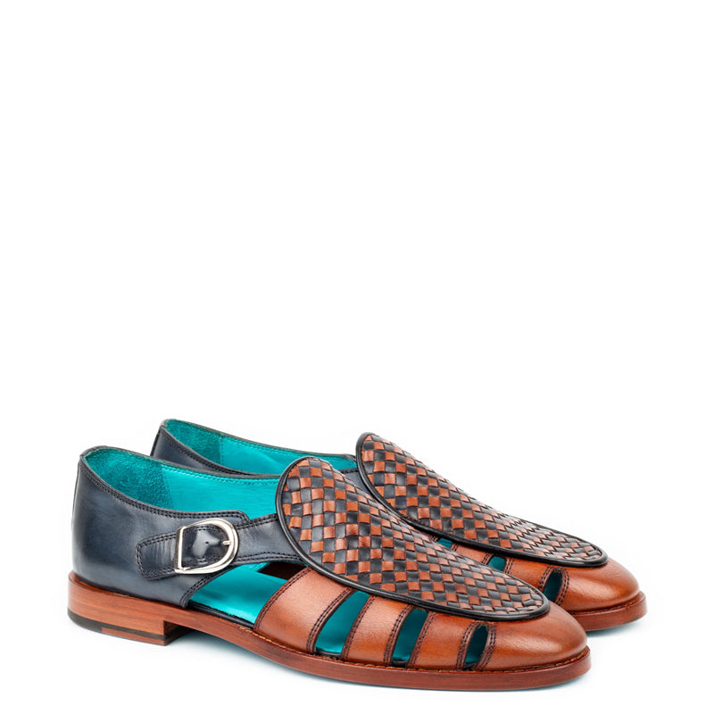 Men Blue Tan Textured Leather Peshawari Comfort Sandal