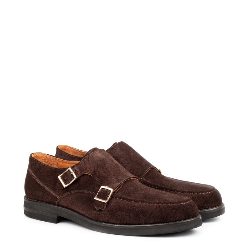Men Suede Leather Double Monk Straps Black Shoe