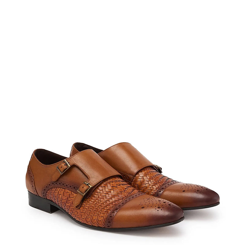 Men Woven Textured Leather Double Monk Shoe