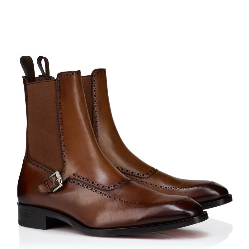Luxury Chelsea Leather Side Buckle Strap Boot with Brogue Detailing