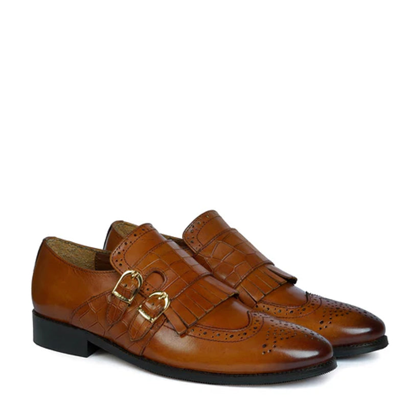 Croco Textured Double Monk Black Shoe with Fringes