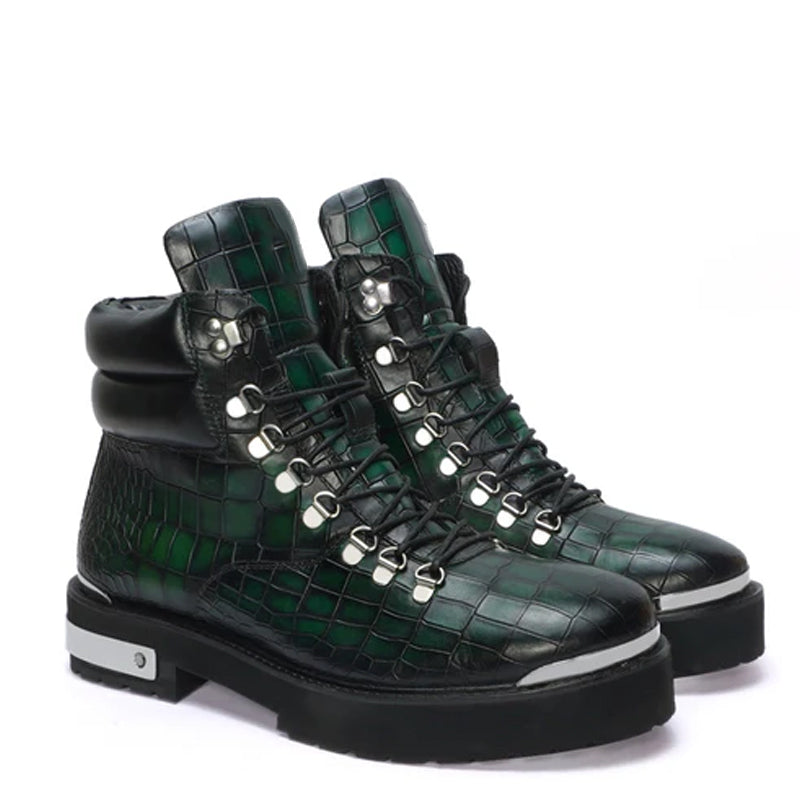 Croco Deep Cut Leather Lace-UP Ankle Boot