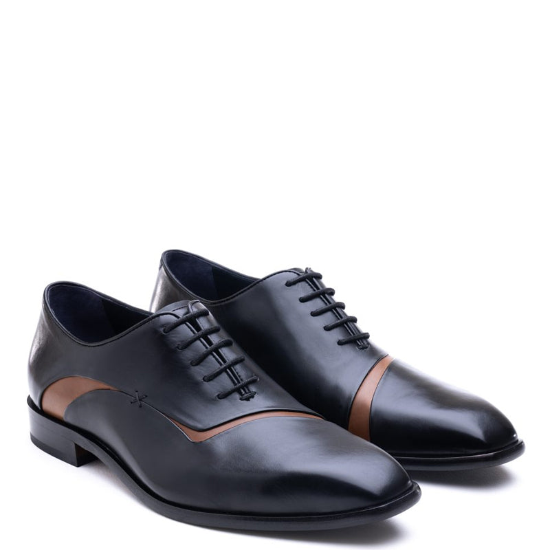 Meta Cut Shiny Leather Oxford Black Tan Shoe