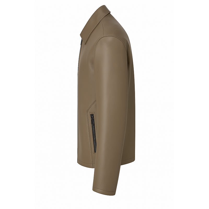 Men's Plain Casual Beige Leather Jacket with Collar