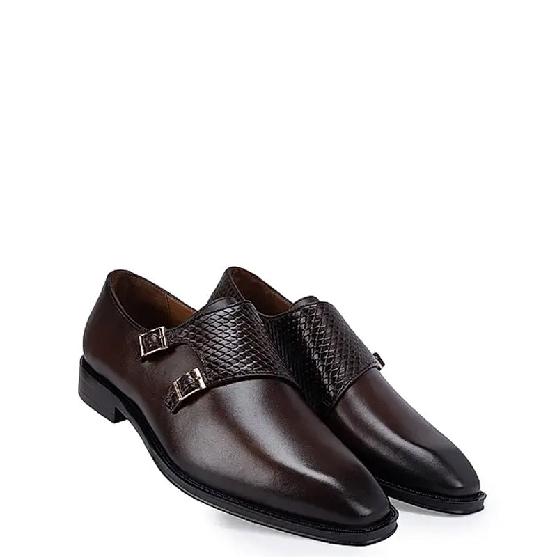 Polished Shiny Leather Textured Double Monk Shoe
