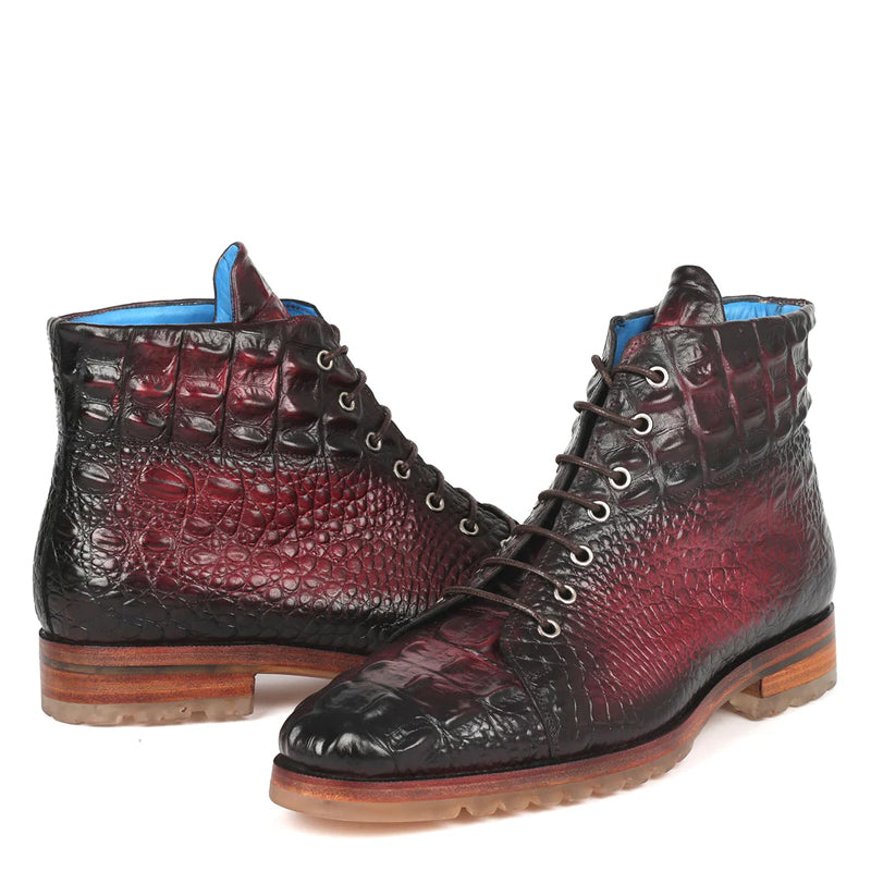 Hand Painted Croco Print Leather Lace Up Boot Burgundy