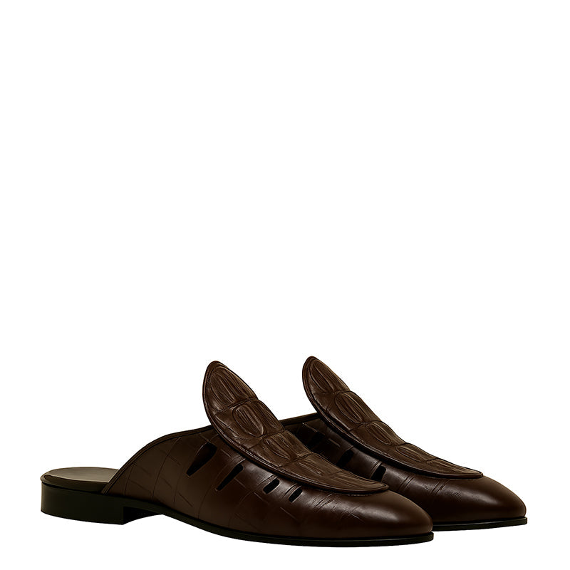Luxury Choco Brown Crocodile Textured Mule