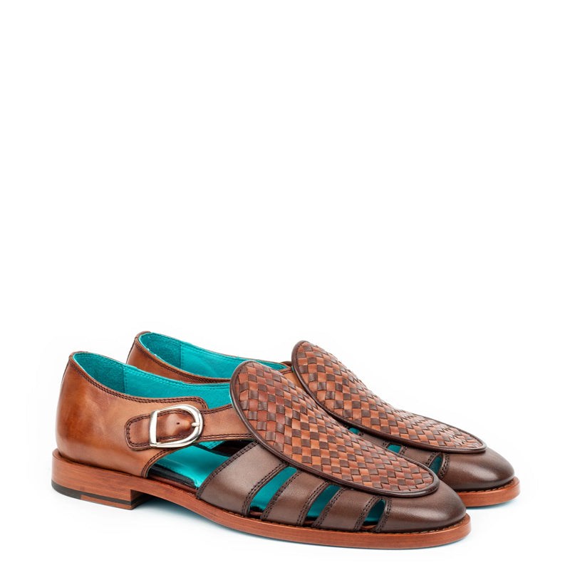Men Blue/Tan Textured Leather Peshawari Comfort Sandal