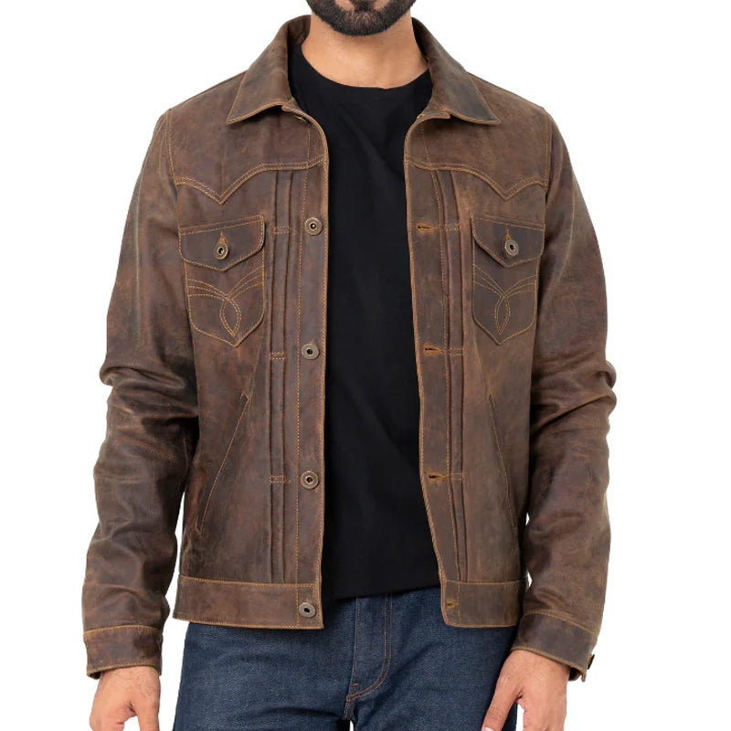Men Solid Leather Trucker Jacket