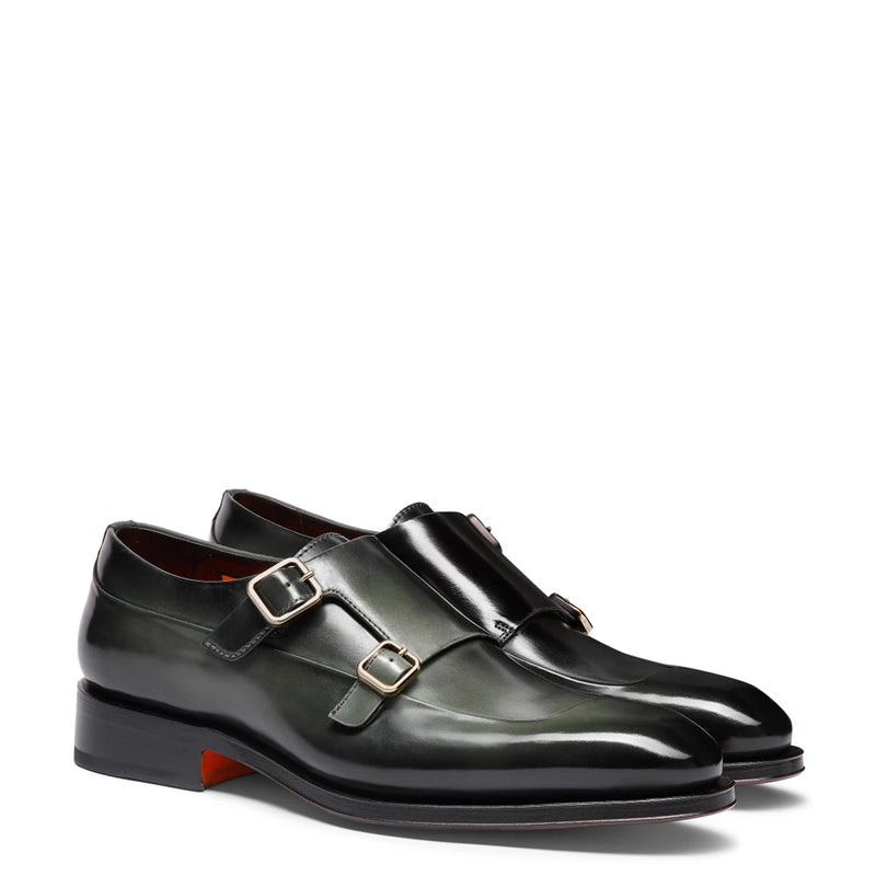 Men Cap Toe Double Strap Green Monk Shoe