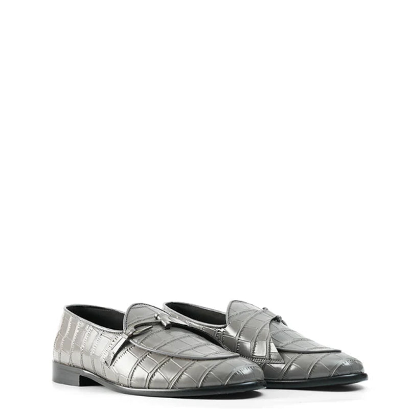 Croco Print Leather Stylish Grey Loafer With Side Hook