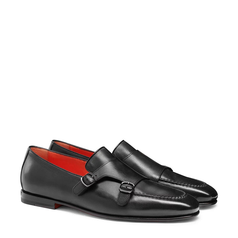 Men Black Polished Double Buckle Leather Loafer