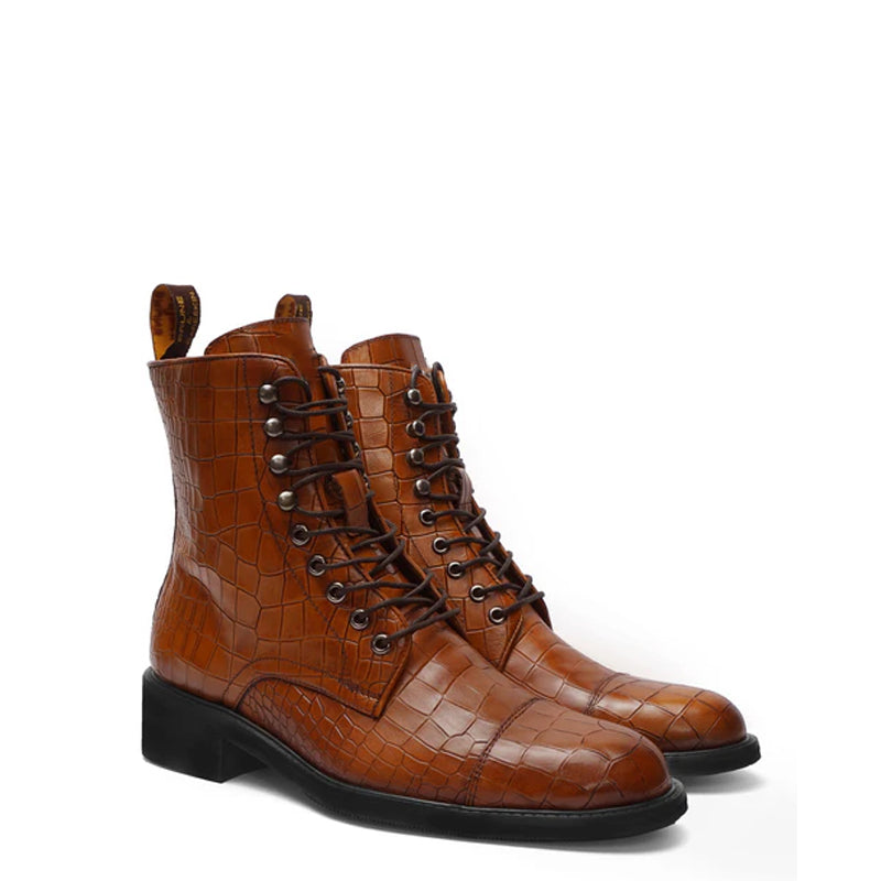 Croco Leather Lace-Up High Ankle Boot Burgundy