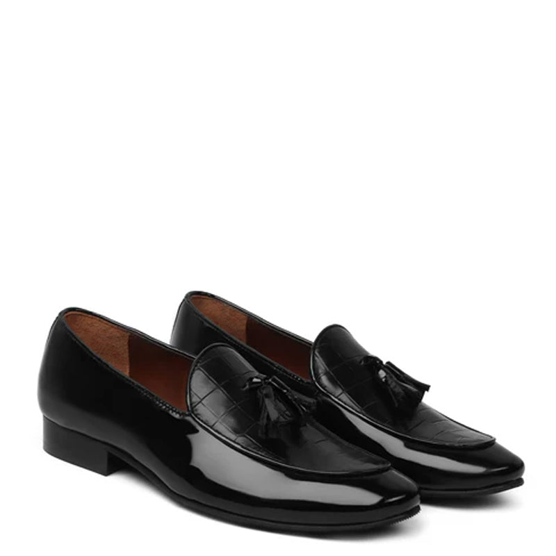 Croco Leather Tassel Black Loafer With Deep Cut