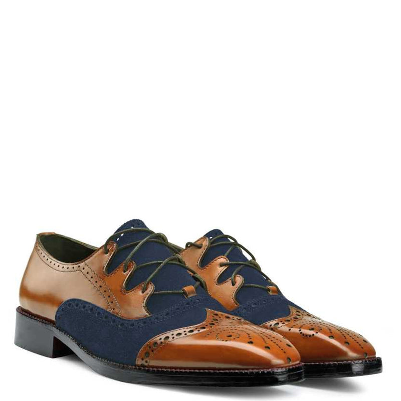 Criss Cross Wingtip Leather Oxford Shoe Tan and Navy