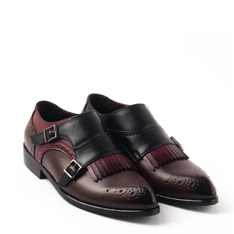 Classic Double Monk Strap Brown Black Burgundy Shoe With Fringe