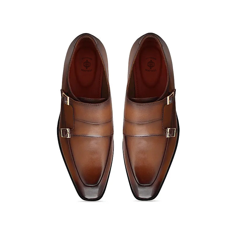 Plain Polished Leather Double Monk Shoe Tan