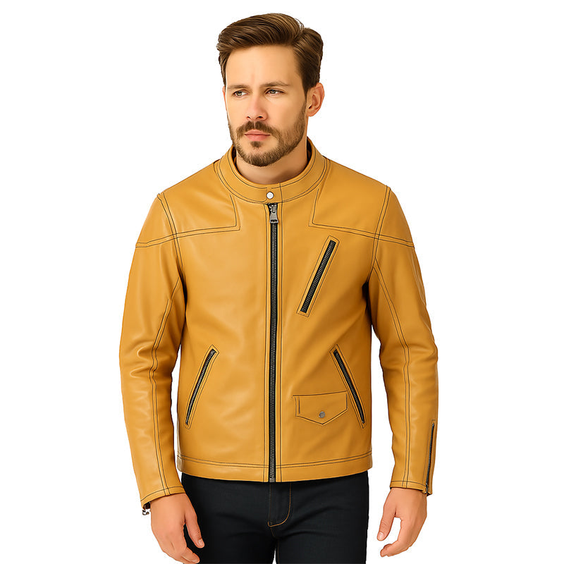 Men’s Zip-Up Vintage Tan Biker Jacket with Stand Collar & Pockets