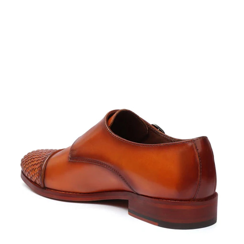 Double Monk Woven Leather Cap Toe Black Shoe