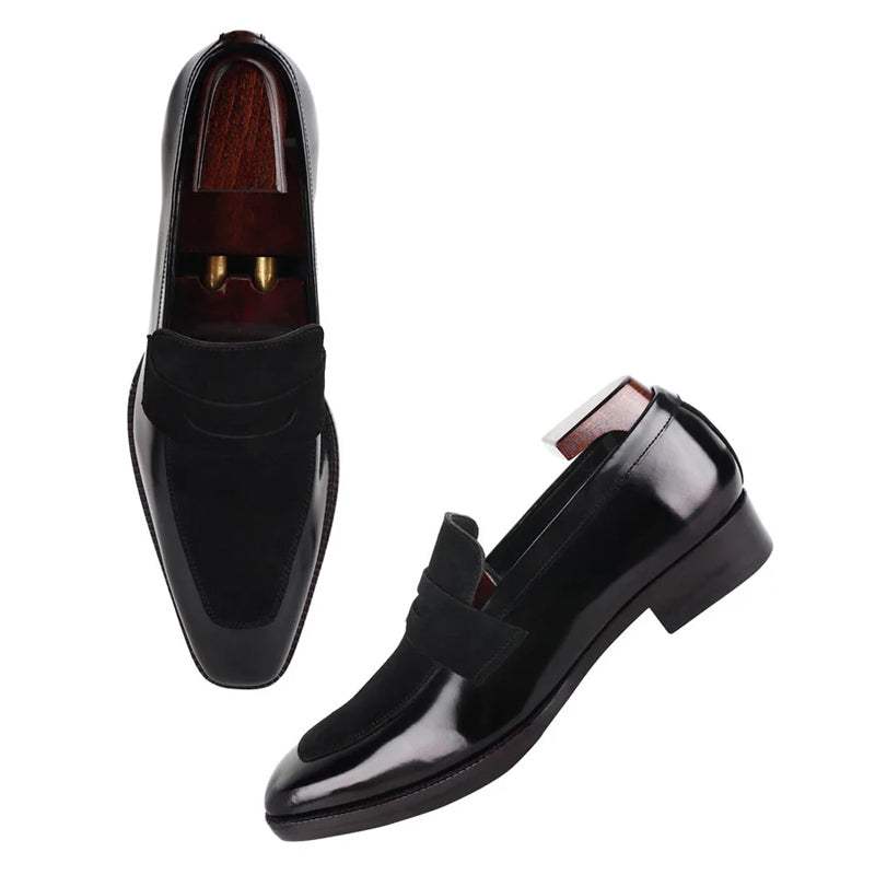 Suede Square Toe Shiny Leather Penny Loafer