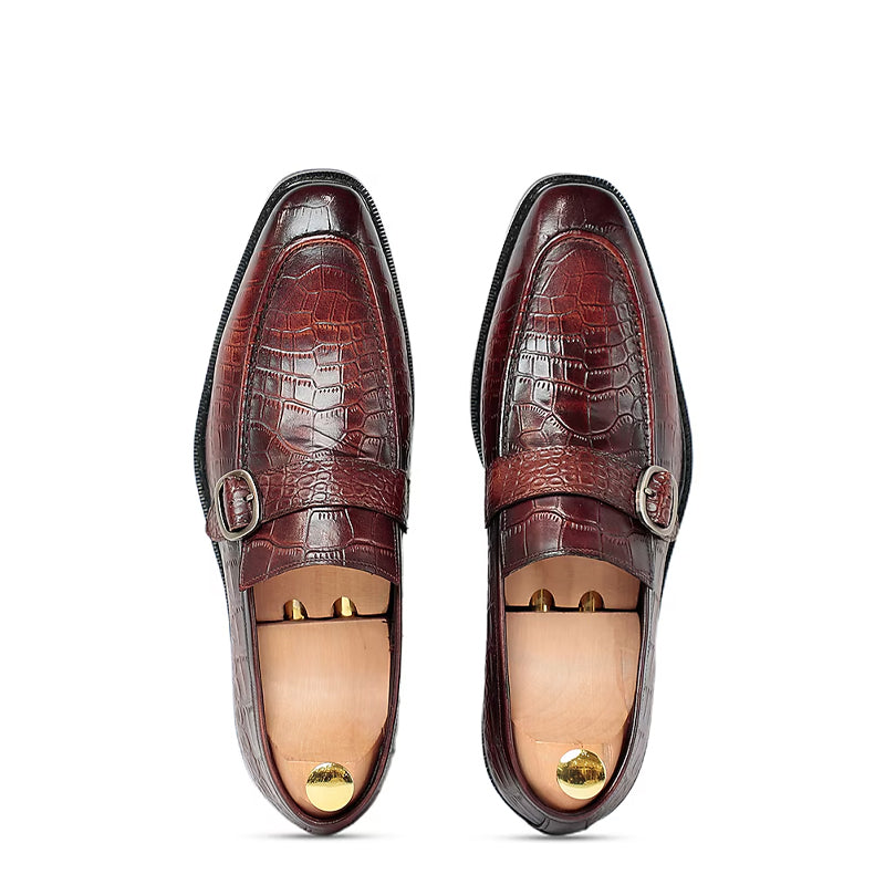 Crocodile Textured Monk Strap Leather Loafer