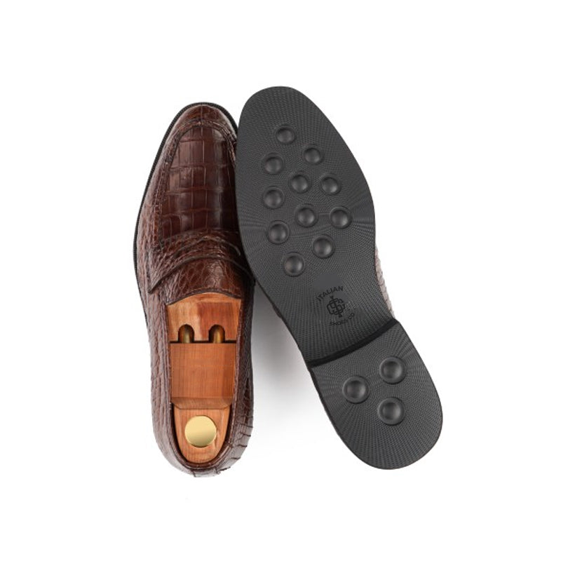 Handmade Croco Print Penny Leather Black Loafer