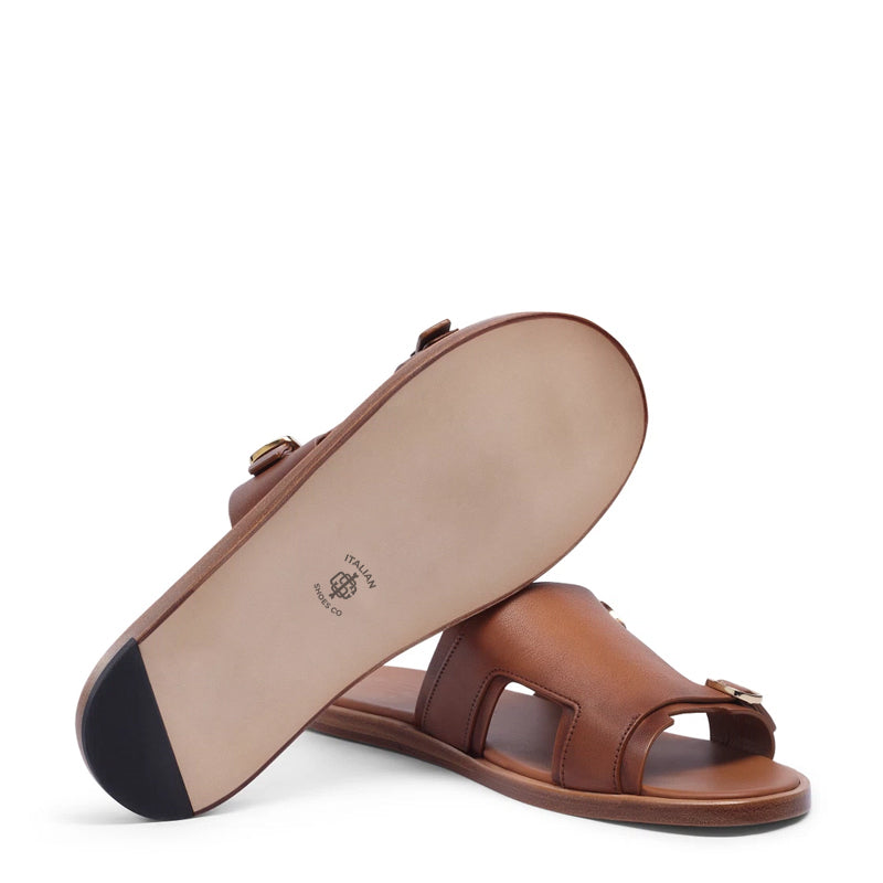 Men Double Buckle Leather Comfort Brown Sandal