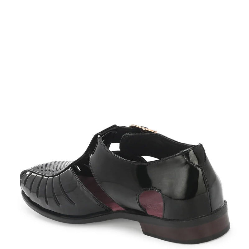 Men Slip-On Leather Brown Sandal With Buckle Accent
