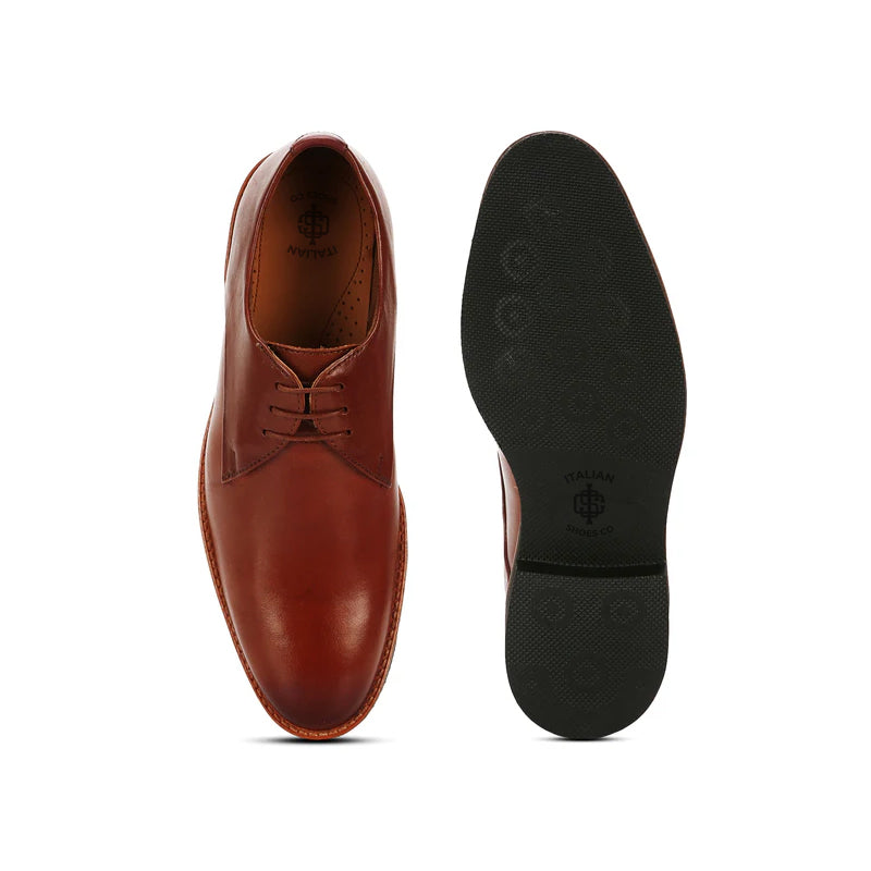 Men Lace-Up Leather Plain Toe Derby Brown Shoe