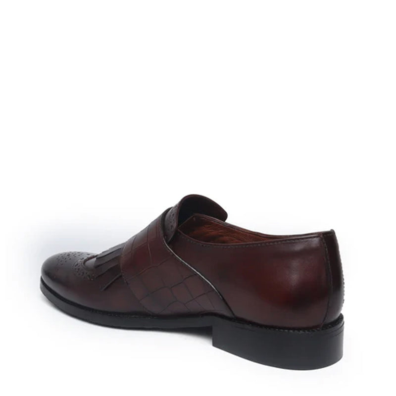 Croco Textured Double Monk Tan Shoe with Fringes
