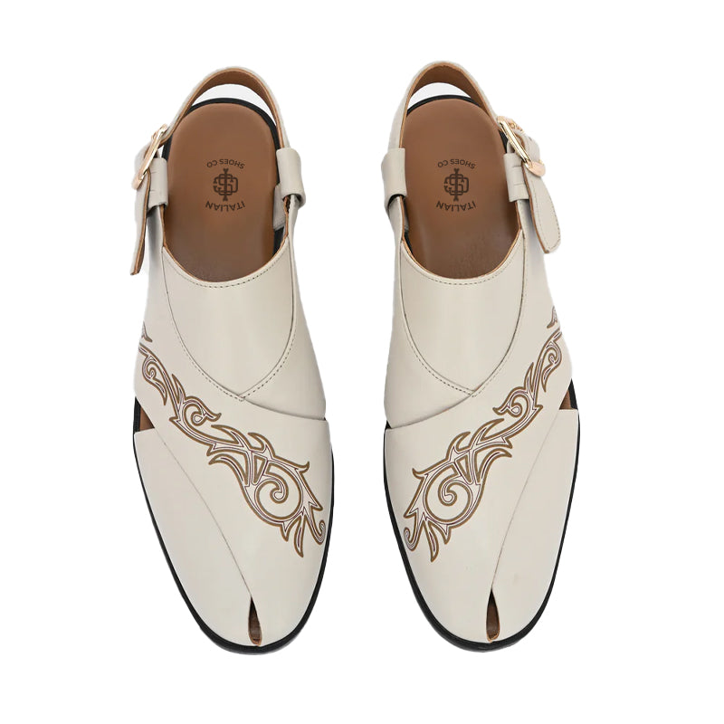 Back Strap Handpainted Leather Peshawari Off White Sandal