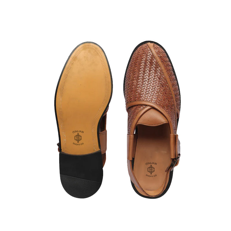 Woven Back Strap Leather Peshawari Tan Sandal