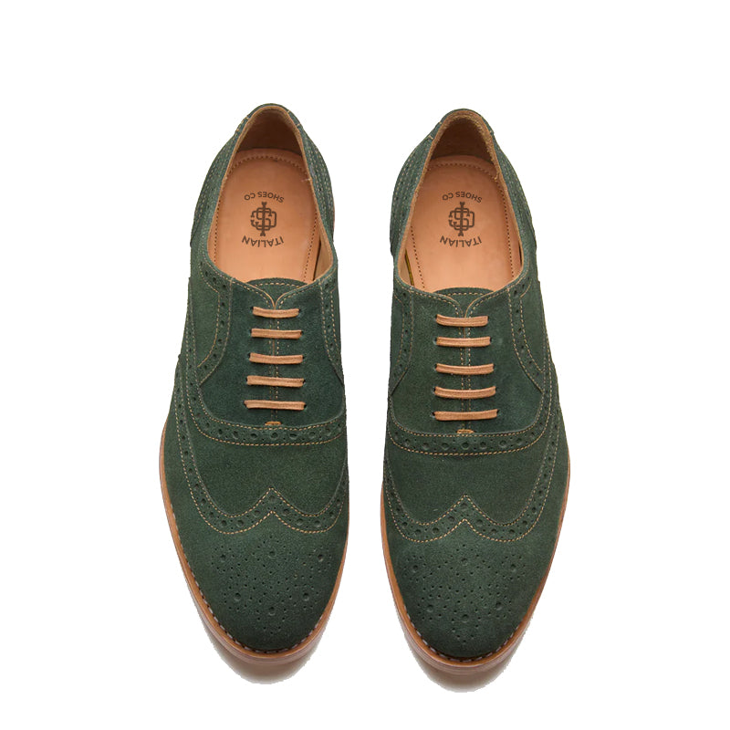 Classic Design Suede Wingtip Leather Oxford Shoe Olive