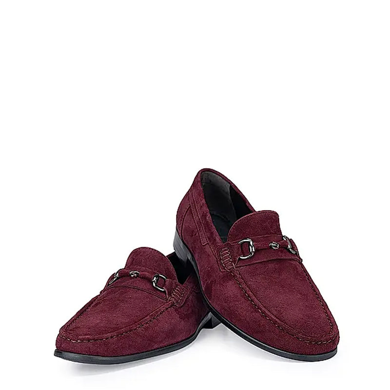 Suede Leather Formal Horsebit Buckled Loafer Burgundy
