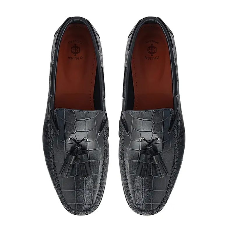 Crocodile Pattern Side Lacing Leather Tassel Loafer