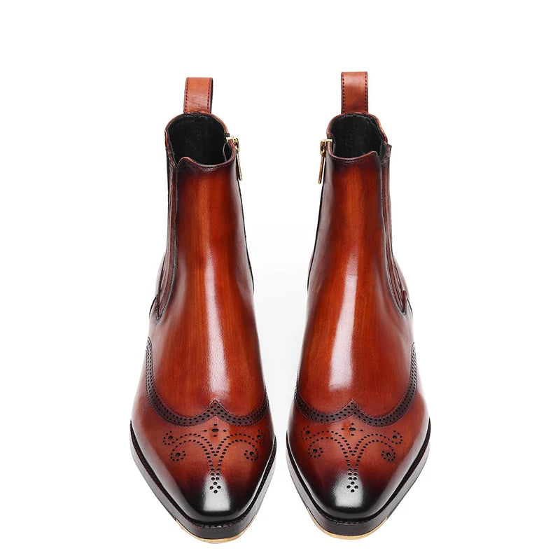 Men Leather Wingtip Side Zipper Chelsea Boots