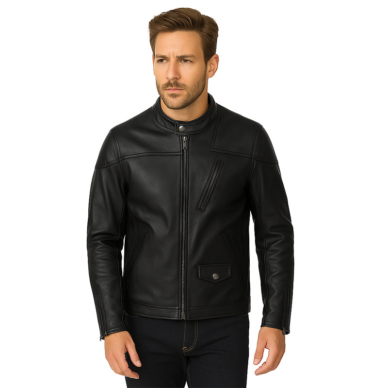 Men’s Zip-Up Vintage Tan Biker Jacket with Stand Collar & Pockets