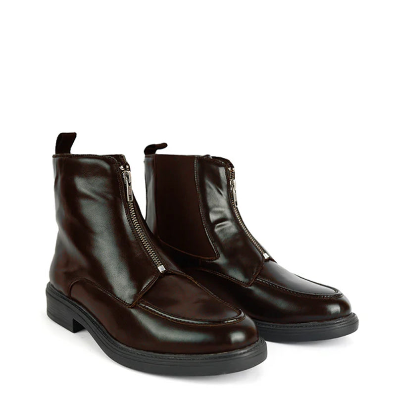 Polished Leather Front Zip-Up Black Boot For Men
