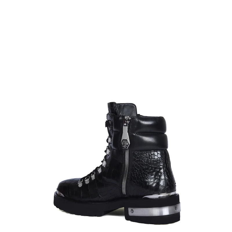Croco Deep Cut Leather Lace-UP Ankle Boot