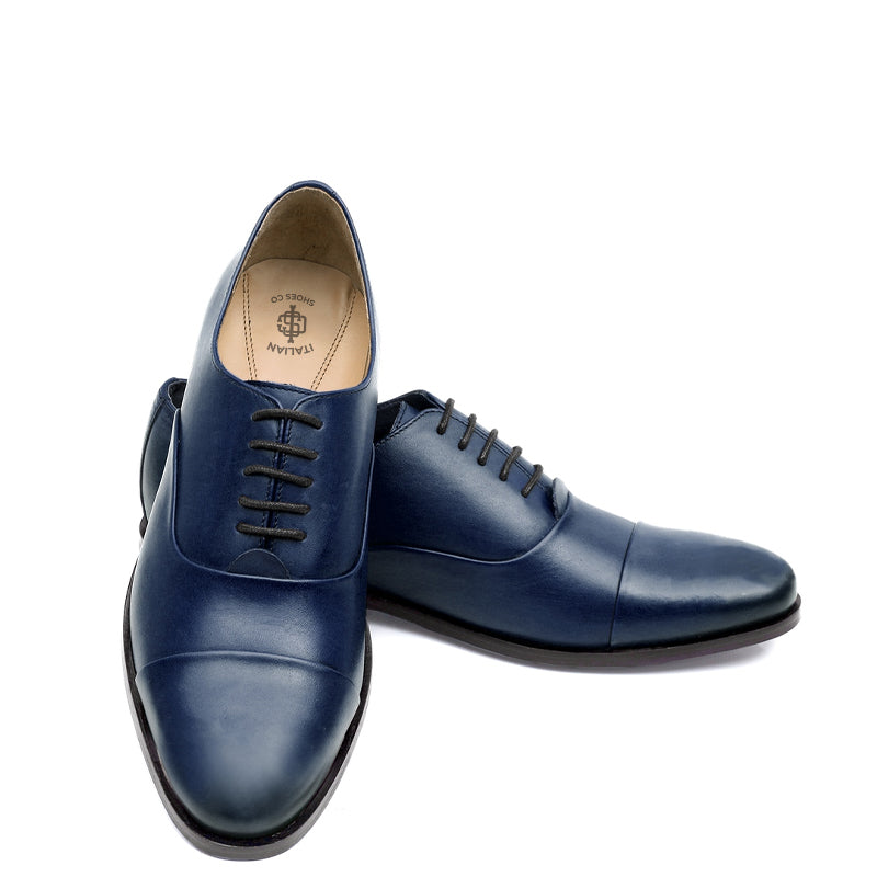 Men Captoe Polished Leather Plain Oxford Shoe Blue