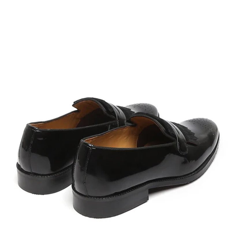 Patent Leather Slip On Brown Shoe With Fringes