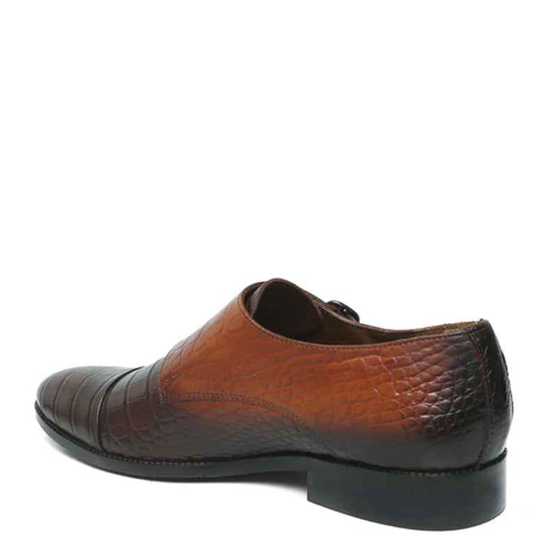 Men Croco Print Leather Double Monk Tan/Brown Shoe