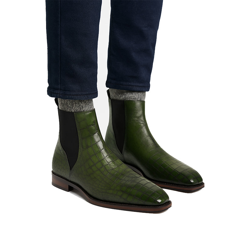 Men s Croco Leather Green Chelsea Boots