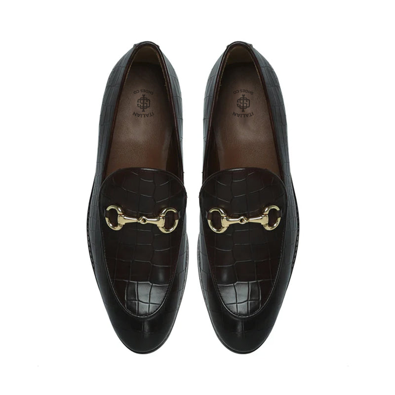 Croco Leather Horse-bit Buckled Green Loafer