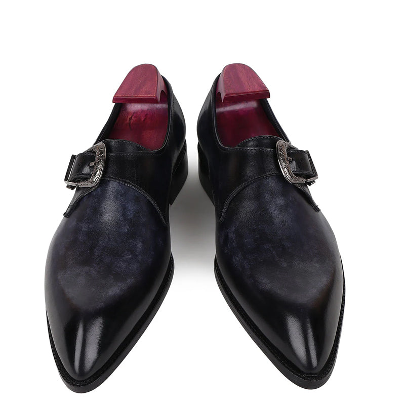 Plain Leather Single Monk Blue Shoe With Side Buckle