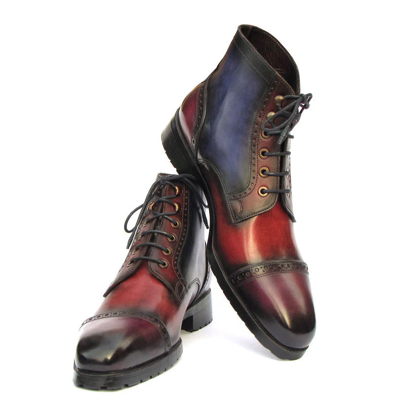 Hand Painted Leather Lace Up Cap Toe Boots