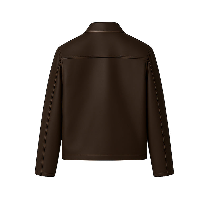 Men's Plain Casual Brown Leather Jacket with Collar