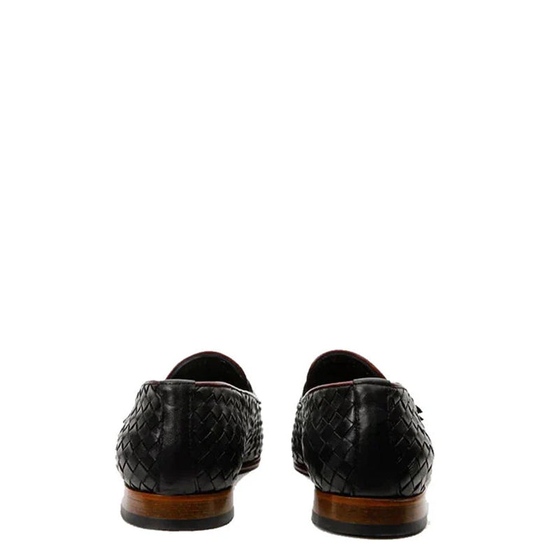 Men Leather Woven Double Monk Strap Black Shoe
